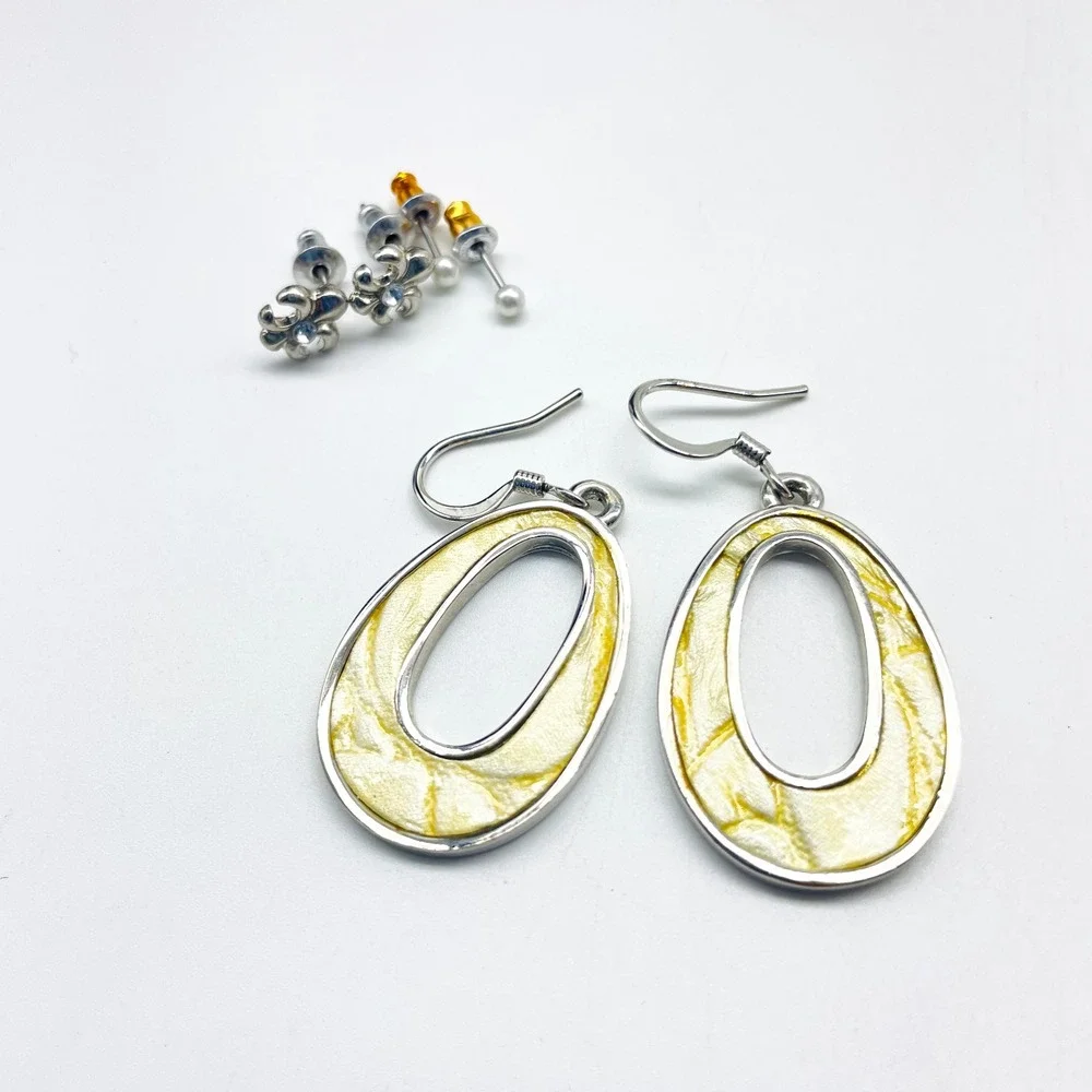 Two Tone Pierced Earrings Lot 3 Oval Dangle Fleur de Lis Faux Pearl Mixed Metals
